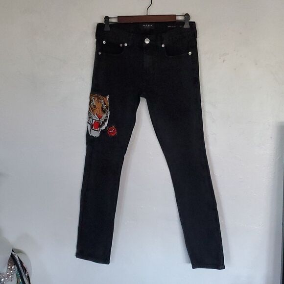 Pacsun Mens Black Skinny Jeans with Lion Cat and Roses Suze 29×30 - Picture 3 of 15